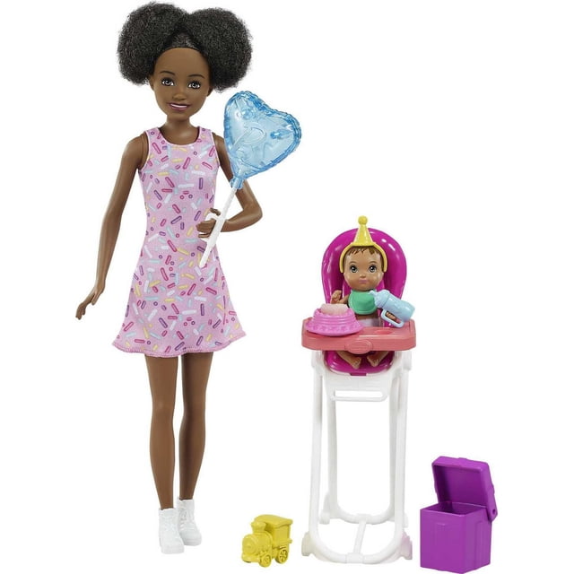 Barbie Skipper Babysitters Inc. Dolls & Playset with Babysitting Skipper party set featuring Skipper doll in a pink confetti-print dress and white sneakers beside a baby doll with removable diaper and bib, high chair with cake that appears with ice-cold water and cleans with warm water, plus a fold-open gift revealing a toy train and birthday accessories for imaginative babysitting play; also suitable for small-scale storytelling scenes.