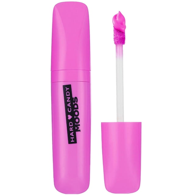 Hard Candy Moods Shadow Paint cream eye shadow and shadow primer in a bright pink tube with matching applicator wand showing a dollop of matte finish pink cream shadow on the tip, offering blendable, high-impact eye color with long-lasting, crease-resistant wear, also suitable as an eye primer or liner.