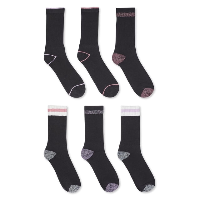 Workload 6-Pack Ladies Crew Work Sock set with six black crew-length socks made from a cushioned cotton blend and spandex for comfort and fit, each pair featuring distinct pink, purple, or grey accents on toes, heels, and cuffs, suitable for everyday wear and impact protection.
