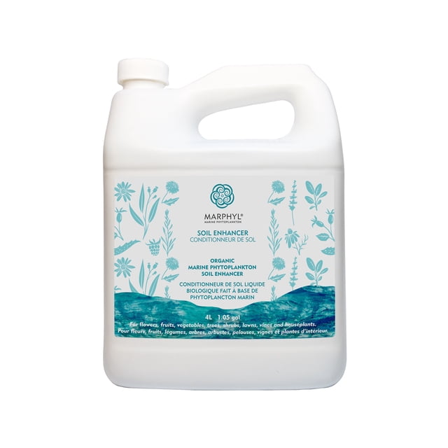 Rehausseur de Sol Liquide Biologique au Phytoplancton Marin dans un Contenant de 4 L, Présentant une Pichet Blanche avec une Poignée et une Étiquette Affichant des illustrations Florales Bleues et un Texte Bilingue. Cet Engrais Biologique Écologique Est Fait de Micro-Algues, Riche en Nutriments, Vitamines et Minéraux. Idéal pour les Plantes, Légumes, Fleurs, Pelouses, Arbres et Hydroponie.