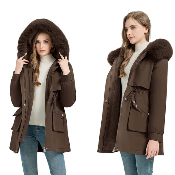 Mceream Long Fleece Jackets for Women Winter Fall Fashion Zip up Jacket Coat with Fur Hood Thickened Adjustable Waist Lightweight Warm Puffer Coat with Pockets Plus Size Outwear Khaki XL