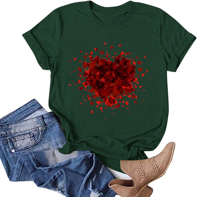 TIMIFIS T-Shirts à Manches Courtes pour Femmes, T-Shirt Imprimé Cœur de la Saint-Valentin, T-Shirt Décontracté d'Été à Col Rond