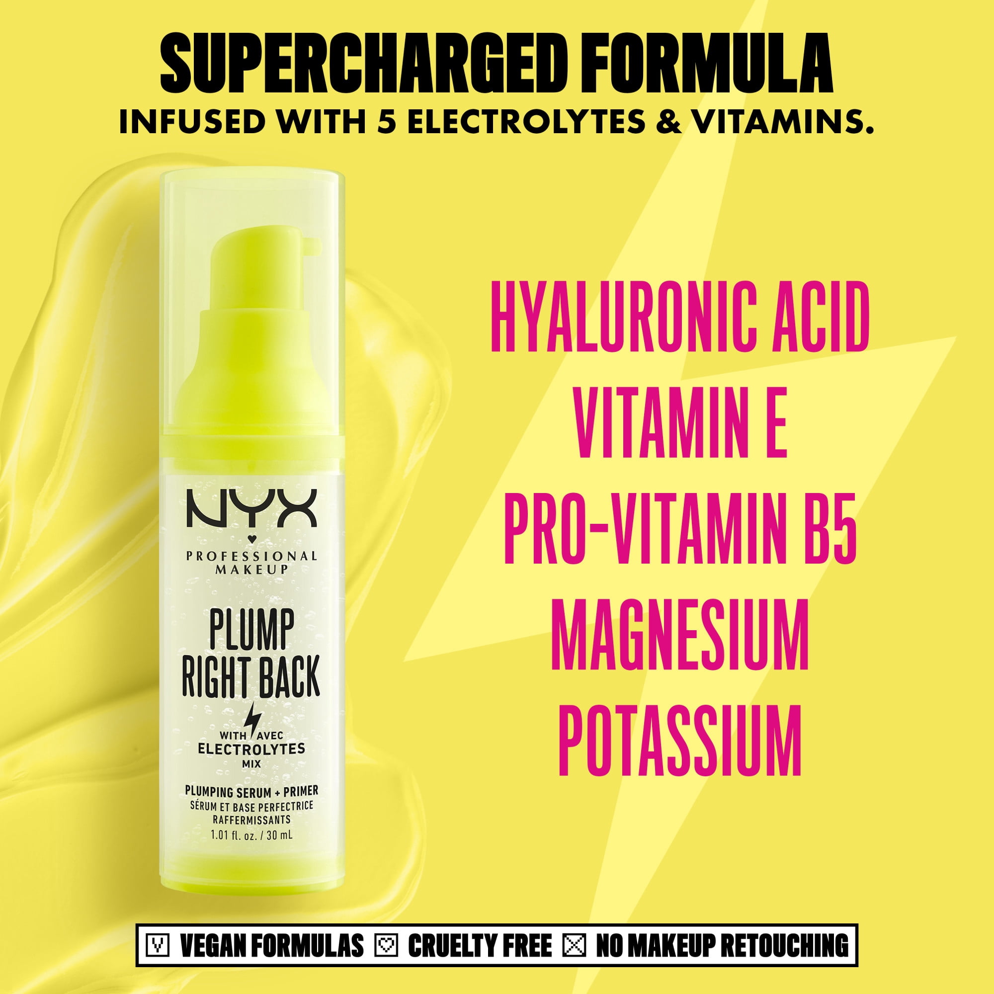 NYX Professional Makeup, Base + sérum Plump Right Back, Formule sérum hydratante et adhérante, Effet lisse immédiat, Fini repulpé, Formule végane - 01 Clear, 30mL