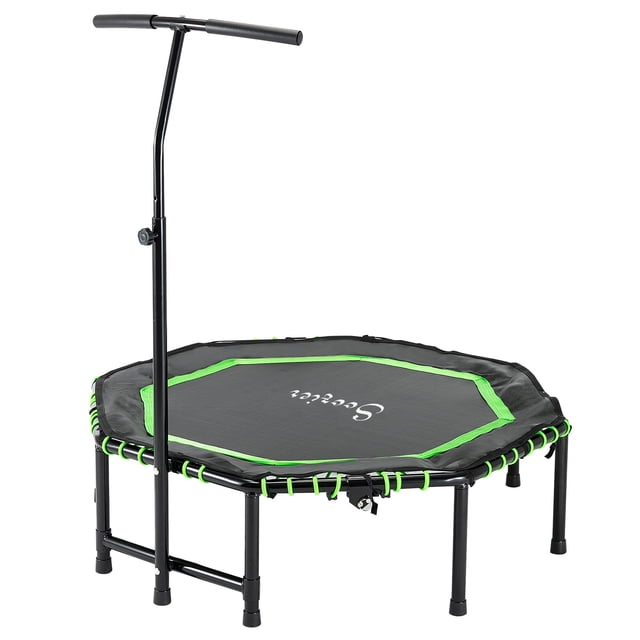 Soozier Mini-Trampoline Silencieux de 48 Pouces avec Guidon Ajustable en Vert et Noir. un Trampoline D\'entraînement Physique Conçu pour des Entraînements Aérobies à Faible Impact, le Développement Musculaire et la Perte de Poids. Doté d'Un Cadre en Acier durable, de Cordes Élastiques et d'Un Tapis de Saut Doux. Comprend un Guidon en T Réglable à 3 Niveaux pour une Sécurité Accrue. Pliable pour un Rangement Facile et Convient à une Utilisation Intérieure Ou Extérieure.