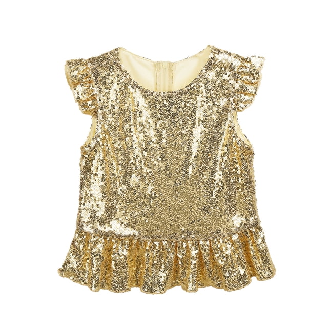 Oyolan Kids Girls Sequins Ruffled Top Mermaid Costume Flutter Sleeve Peplum Blouse for Carnival Performance Gold 8