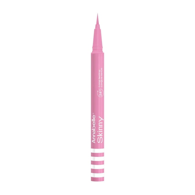 Annabelle Skinny Multi-Use Liquid Liner in pink with a slim pen design and fine brush tip, featuring white text and stripes on the barrel, providing smooth, intense pigmentation and long-lasting wear for eyes and body, also suitable for creative body art.