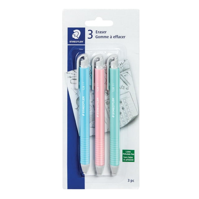 Staedtler Bâton Rétractable Erasers Lot de Trois en Bleu pastel, Rose et Vert Menthe avec Embouts de Gomme Rétractables à Bouton-Poussoir pour un Effacement Précis sur Papier et film de Dessin Mat, Sans latex Ni Phtalates, dans un Emballage Transparent avec la Marque Staedtler.