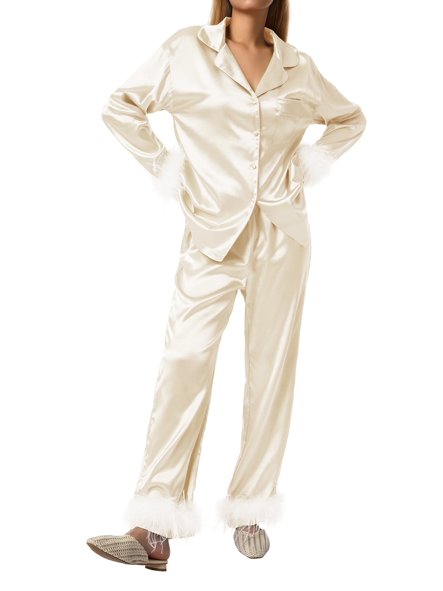 Fortune Women Pajamas Set, Feather Trim Long Sleeve Button-Down Lapel Tops + Pants