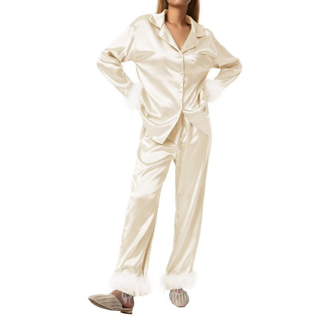 Fortune Women Pajamas Set, Feather Trim Long Sleeve Button-Down Lapel Tops + Pants