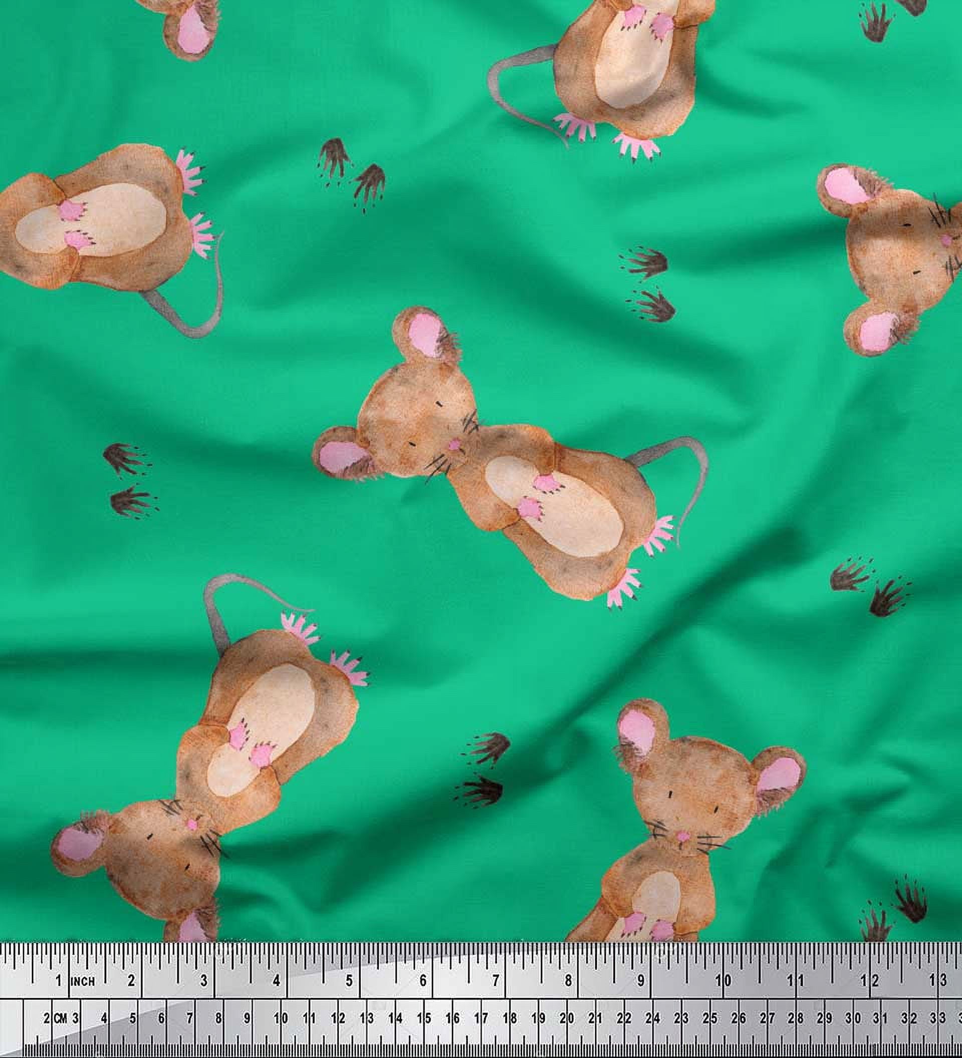 Soimoi Green Poly Georgette Fabric Footprints & Mouse Kids Printed Fabric 1 Yard 42 Inch Wide