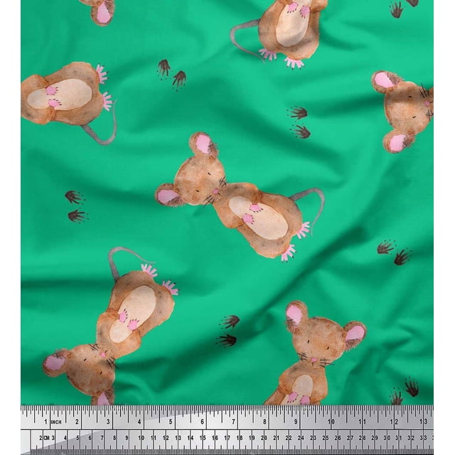 Soimoi Green Poly Georgette Fabric Footprints & Mouse Kids Printed Fabric 1 Yard 42 Inch Wide