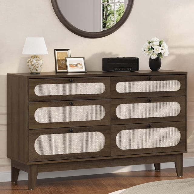 Commode en Rotin pour Chambre à Coucher, Commode à 6 Tiroirs pour Garde-Robe, Commodes à Tiroirs, Armoire de Rangement en Chêne pour Chambre à Coucher, Salon, Entrée, Couloir, Brun Café