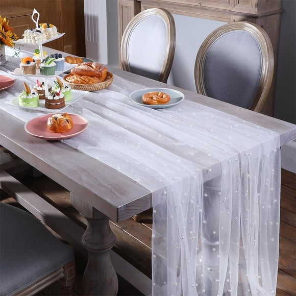 Fiudx Pearl Gauze Tablecloth for Wedding Arch & Party Decor | 40X62 Inch Sheer Fabric with Embedded Pearls | Elegant Table Runner for Bride'S Birthday & Special Events | 1 Piece