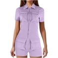 thumbnail image 1 of LOVZFMLL Women's Zip Pockets Color Work Lapel Jumpsuit Shorts Tight Jumpsuit Purple L, 1 of 1