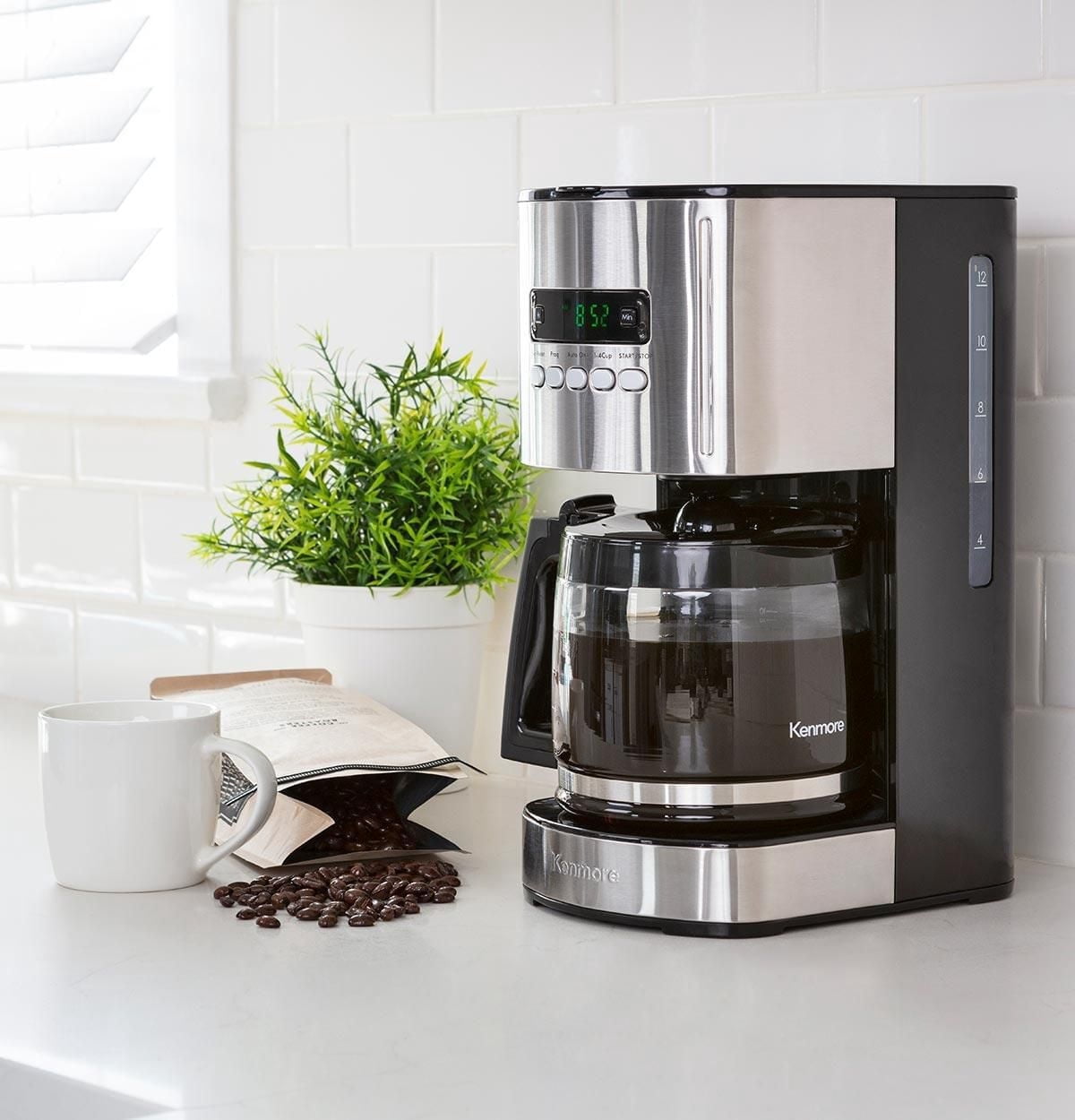 Kenmore Programmable 12-Cup Coffee Maker, Stainless & Black, Auto Brew & Keep Warm Functions