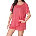 thumbnail image 1 of AherBiu Ensembles de Pyjamas Grande Taille pour Femmes Col Ras du Cou Manches Courtes Hauts T-Shirts avec Shorts à Jambes Larges Ensemble de Pyjama 2 Pcs, 1 of 4
