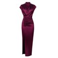 thumbnail image 3 of AherBiu Robe en Satin pour Femmes Élégante à Manches Cap, Col Montant, Froncée, Fendue, Soirée, Cocktail, Maxi, 3 of 5