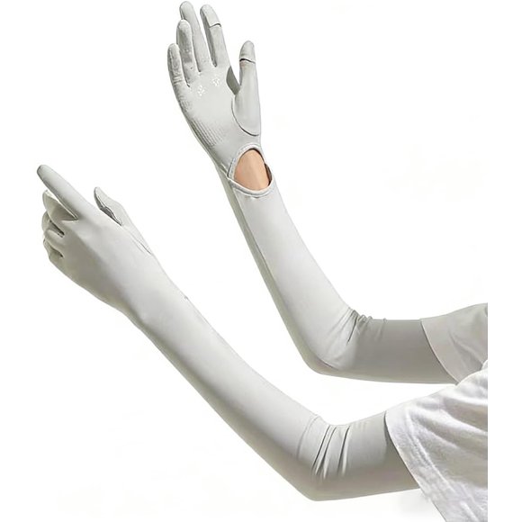 UPF 50 UV Protection Cooling Arm Sleeves with Full Hand Gloves for Women & Men,Light Gray