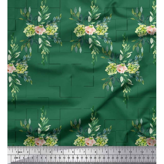 Soimoi Green Silk Fabric Square & Leaves Print Sewing Fabric Yard 44 Inch Wide