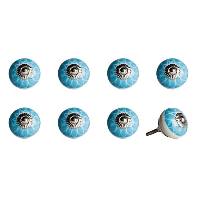 KNOB-IT vintage handpainted ceramic knobs 8 pack showing seven blue knobs with white geometric patterns and silver metal centers front-facing, plus one side view with a bolt trimmed for easy installation on cabinets or drawers, also suitable for updating furniture hardware.