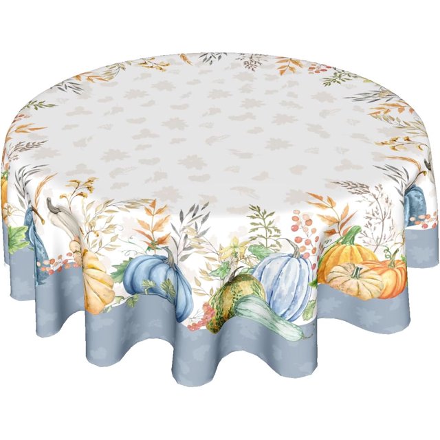 Nappe d'Automne Bleue Ronde 60 Pouces Orange Aquarelle Citrouille Nappe d'Automne Récolte Action de Grâce Style Ferme Housse de Table Décorative pour Maison Cuisine Salle à Manger Intérieur Extérieur Fête Pique-Nique