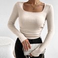 thumbnail image 3 of AherBiu Crop Tops for Women Ribbed Flare Long Sleeve Square Neck Slim Tight Basic Spring Shirt Blouse, 3 of 7