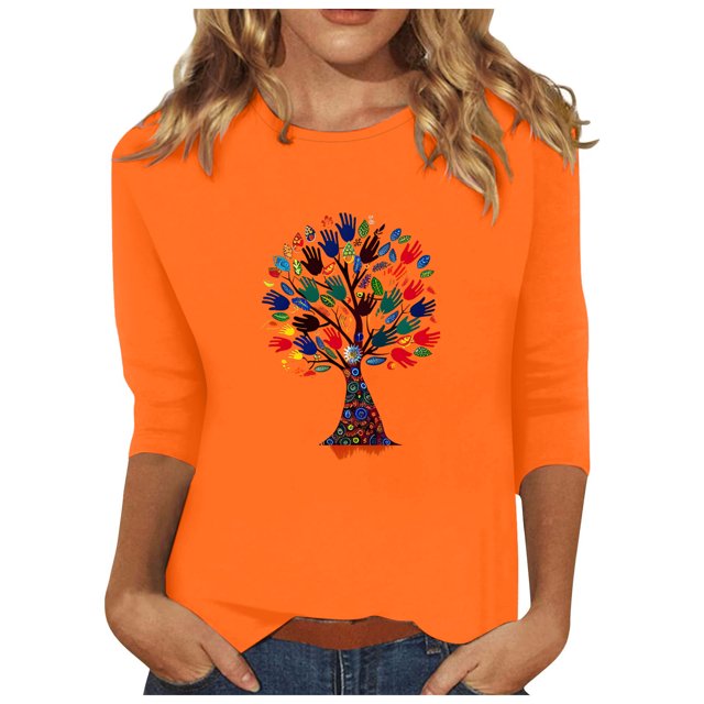 Dadaria T-Shirt pour Femme T-Shirt Orange Hauts T-Shirt à Manches 3/4 Col Ras du Cou T-Shirt Grande Taille Tee Chandail d'Été Blouses 2TG