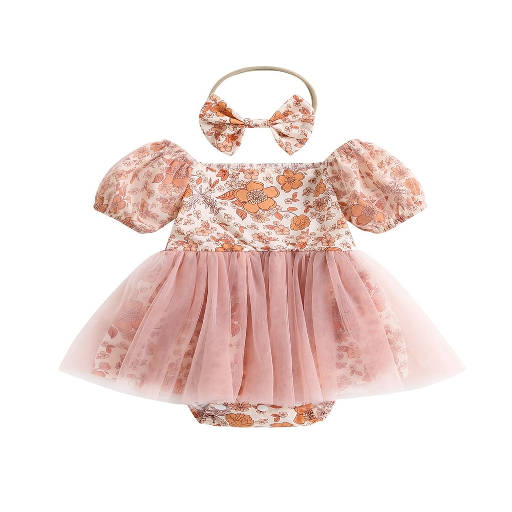 Combinaison-robe pour Bébé à Imprimé Floral, Encolure Bateau, Manches Courtes Bouffantes