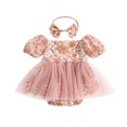 thumbnail image 1 of Baby Romper Dress Flower Print Boat Neck Short Puff Sleeve Jumpsuits, 1 of 8