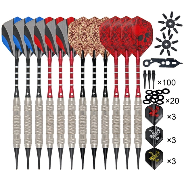 Amdohai Ensemble de Fléchettes 12 Pcs avec Barils Moletés pour une Prise Uniforme et des Pointes Souples pour un Jeu Sécuritaire. Comprend 12 Fléchettes, 100 Pointes de Fléchettes de Rechange, 9 Vols de Remplacement, 20 Joints Toriques, 2 Ensembles de Fléchettes et un Outil Clé. Convient aux Installations de Salle de Jeux et au Divertissement Intérieur Ou Extérieur.