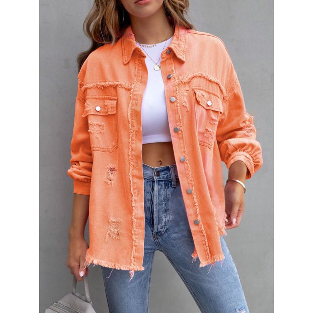 SEARIPE Women‘s Casual Denim Jacket Frayed Hem Ripped Long Sleeve Jean Jacket With Pockets Pink M