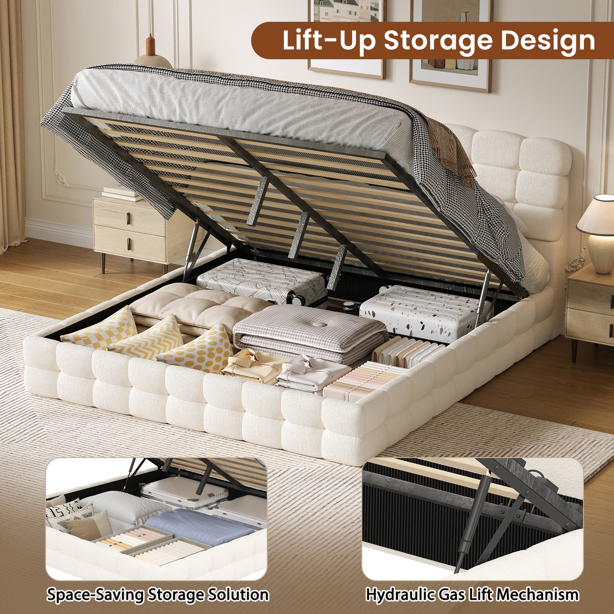 Noble House Cadre de Lit Grand avec Rangement avec Levage et Rangement Hydraulique, Lit Plateforme en Bouclé avec Tête de Lit Capitonnée et Lattes de Bois, Blanc Crème