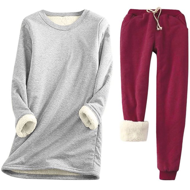 Pisexur Ensembles 2 Pcs pour Femmes Ensembles de Pyjama en Molleton Chaud pour Femmes 2 Pcs Chandail à Col Rond Pantalon de Pyjama Ample Vêtements de Détente Décontractés Tenues d'Hiver Surdimensionnées Grande Taille P-5TG