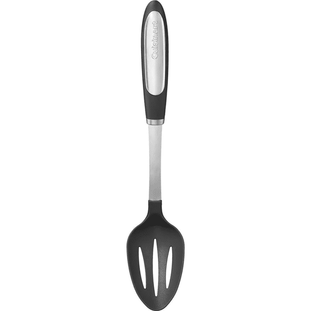Cuisinart CTG-07-LSC Slotted Spoon, a durable kitchen utensil with a stainless steel ergonomic handle featuring a nonslip grip and a black nylon slotted head. Safe for nonstick cookware, heat resistant up to 400°F (204°C), and dishwasher safe.