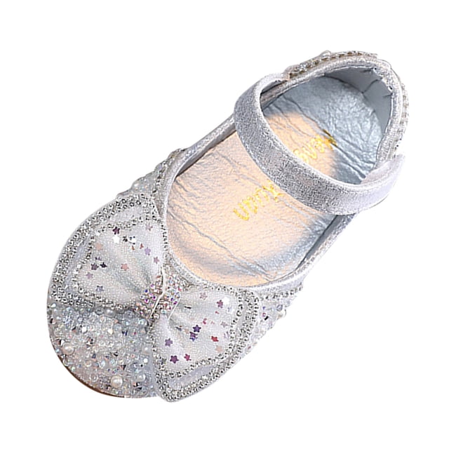 MEZZALL Sandales pour Filles Mode Printemps Été Fête Robe Danse Spectacle Chaussures de Princesse Perle Strass Nœud Bout Rond Talon Bas Confortables Classiques Chaussures pour Tout-Petits, Argent, 10-10,5 Ans
