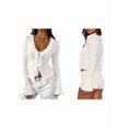 thumbnail image 3 of Women Ruffle Tie Front Cardigan Sweater Long Bell Sleeve Cropped Knit Sweater Top White S, 3 of 7