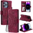 thumbnail image 1 of Flip Case for iPhone 16 Pro Max , Totem Embossed Flowers Premium PU Leather Wallet Folio Cover with Card Holder Kickstand Compatible with iPhone 16 Pro Max - Red, 1 of 13