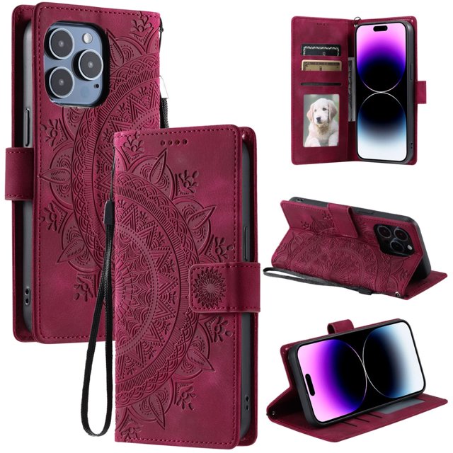 Flip Case for iPhone 16 Pro Max , Totem Embossed Flowers Premium PU Leather Wallet Folio Cover with Card Holder Kickstand Compatible with iPhone 16 Pro Max - Red