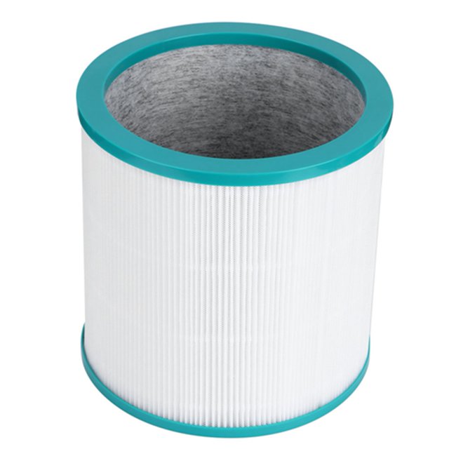 Air Filter, Professionally Manufactured Air Filter Replacement Air Filter, 317g / 11.2oz for Home HEPA Filter. Cylindrical white pleated filter with teal-colored top and bottom edges, designed for TP00, TP03, TP02, and AM11 air purifiers. Effectively filters dust, pollen, and spores with a double-layer HEPA filter for improved air quality.