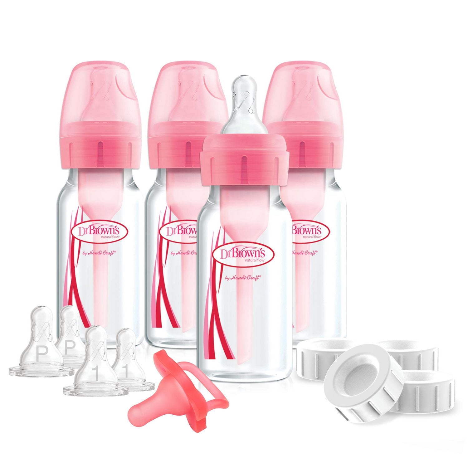 Dr. Brown's Natural Flow Anti-Colic Options+ Narrow Breast to Bottle Pump and Store Feeding Set with Slow Flow Nipples, Baby Bottle Travel Caps and 100% Silicone HappyPaci One-Piece Pacifier, Pink