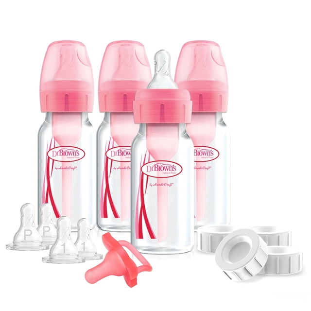 Dr. Brown's Options Anti-Coliques à Débit Naturel+ Tire-Lait Étroit vers Biberon et Ensemble d'Alimentation avec Tétines à Débit Lent, Bouchons de Voyage pour Biberon et Sucette Monobloc en Silicone 100 %, Rose, Comprenant Quatre Biberons Transparents de 4 oz avec inserts d'Aération Roses et Bouchons, Huit Tétines à Débit Lent pour Prématurés et Tailles de Niveau 1, Quatre Bouchons de Rangement Blancs pour Réfrigération Ou Voyage, et une Sucette en Silicone Rose en Forme de Tétines Étroites pour