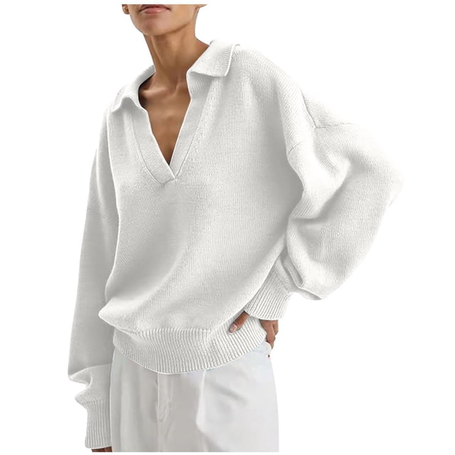 Yuyuzo Women Ribbed Tops Long Sleeve Wrap V Neck Pullover Solid Color Casual Baggy Fall Tops