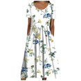 thumbnail image 2 of Robes Midi pour Femmes Été Décontracté Ample Boho Imprimé Floral Col Rond Manches Courtes Longueur Genou Robe Froncée avec Poches, 2 of 5
