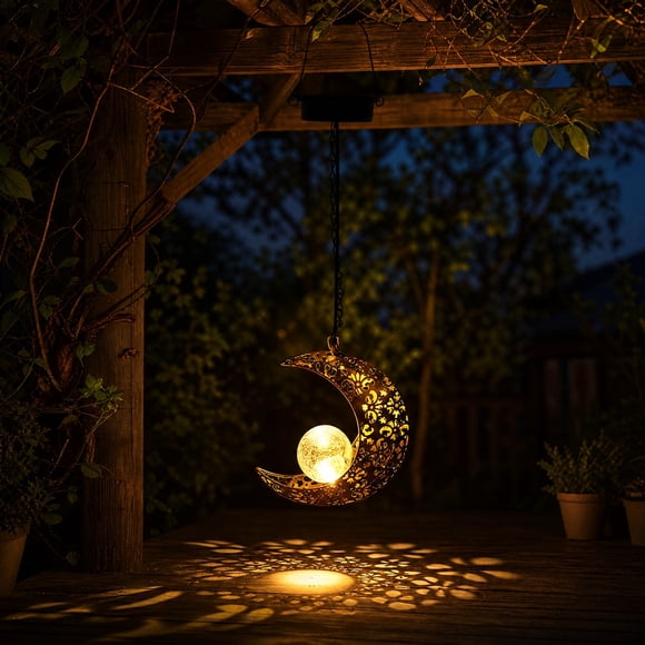 MMJ Solar Lights Outdoor Metal Chandelier Star Moon Projection Garden Hanging Lantern Waterproof Patio Yard Decor 22.63x6.1in