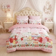 JOLUSERE Cartoon Pink Comforter Full Set，3-Pieces Bunny Strawberry Pattern Bedding Set for Kids