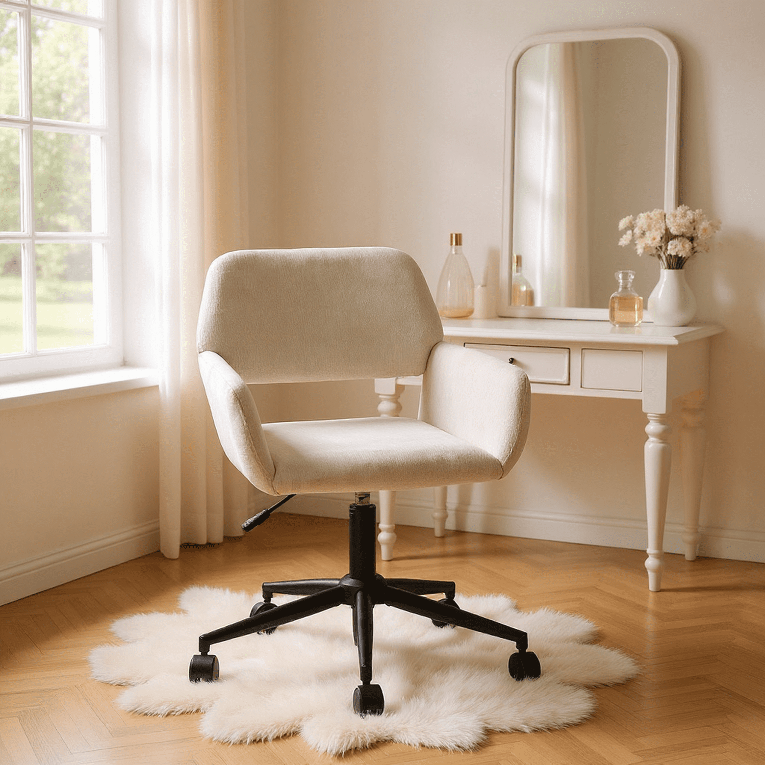 Homy Casa Adjustable Bedroom Vanity Chair, Easy-Clean, Beige Fabric, Modern Look