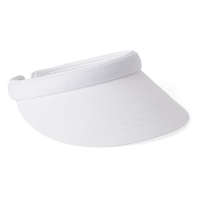 Visière en Sergé de Coton Blanc avec Bord Courbé et Sangle Arrière Ajustable, Conçue pour la protection Solaire dans les Vêtements de golf, Montrée sous un angle Latéral sur Fond Blanc, Convient Aussi aux Activités Sportives de Plein Air.