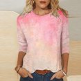 thumbnail image 2 of Besolor T-Shirts à Manches 3/4 pour Femmes, Tendance, Col Ras du Cou Teinture sur Nœuds, Hauts Décontractés Amples, Blouse T-Shirts pour Sorties, 2 of 5