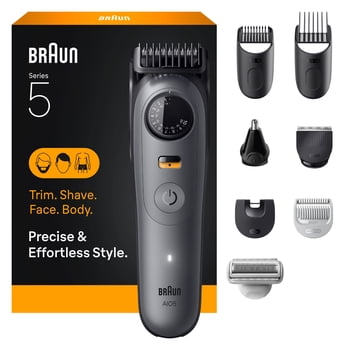 Braun All-in-One Series 5 Trimmer Kit, 40 Lengths, Ultra Sharp Blade, AIO 5510, Moonstone Grey