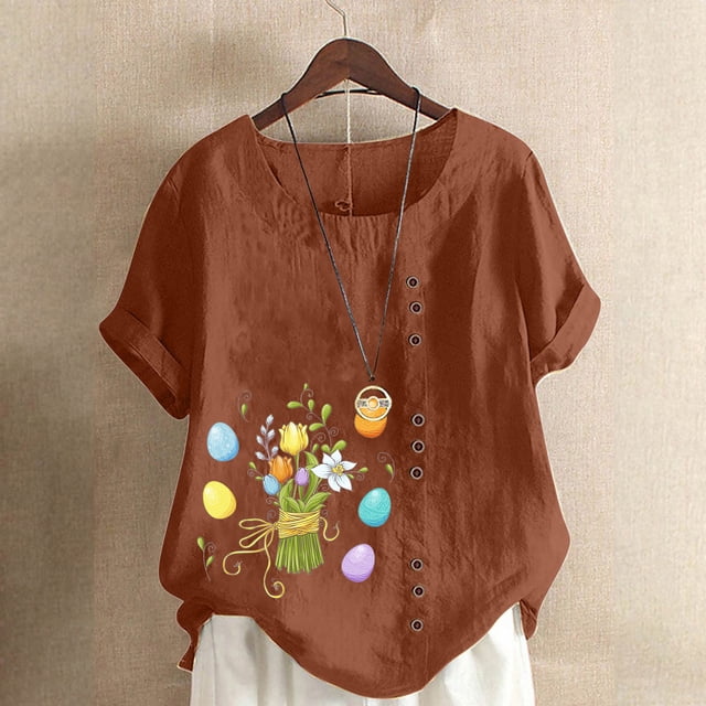 EGNMCR T-Shirt de Pâques Femmes Chemises Imprimé de Pâques T-Shirt d'Été pour Femmes Surdimensionné Décontracté Col Rond Manches Courtes Impression de Fleurs Chemise Ample Hauts Femmes T-Shirts